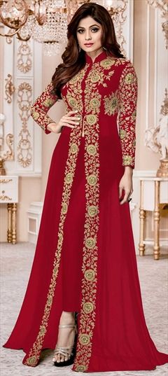 Reception, Wedding Red and Maroon color Salwar Kameez in Georgette fabric with Anarkali Embroidered, Zari work : 1847759