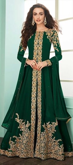 Reception, Wedding Green color Salwar Kameez in Georgette fabric with Anarkali Embroidered, Zari work : 1847764