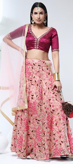 Engagement, Mehendi Sangeet, Reception Pink and Majenta color Lehenga in Net fabric with A Line Embroidered, Stone, Thread work : 1847843