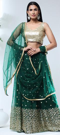 Engagement, Mehendi Sangeet, Reception Green color Lehenga in Net fabric with A Line Embroidered, Stone, Thread work : 1847846