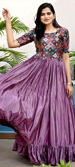 Party Wear Purple and Violet color Gown in Art Silk fabric with Printed, Sequence work : 1847928