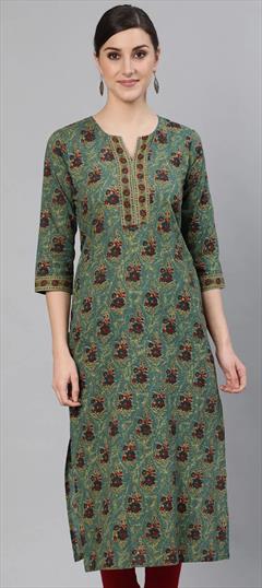 Casual Green color Kurti in Cotton fabric with Straight Printed work : 1847982
