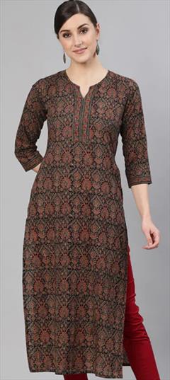 Casual Beige and Brown color Kurti in Cotton fabric with Straight Printed work : 1848024