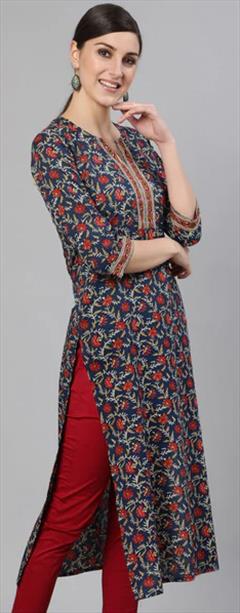 Casual Blue color Kurti in Cotton fabric with Printed work : 1848029