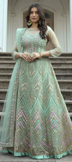 Designer, Festive, Reception Green color Salwar Kameez in Net fabric with Anarkali Border, Embroidered, Stone, Thread, Zari work : 1848044