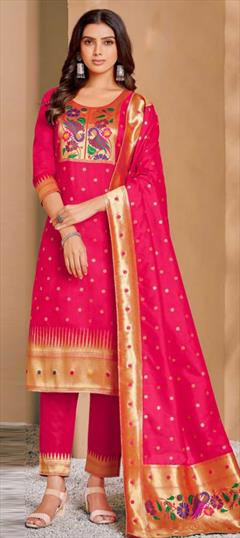 Reception, Wedding Pink and Majenta color Salwar Kameez in Silk fabric with Straight Weaving work : 1848238