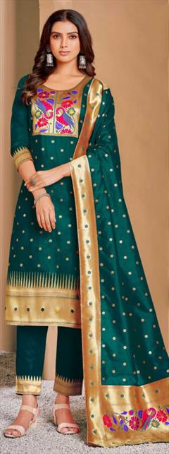 Party Wear, Reception, Wedding Green color Salwar Kameez in Silk fabric with Straight Weaving work : 1848242