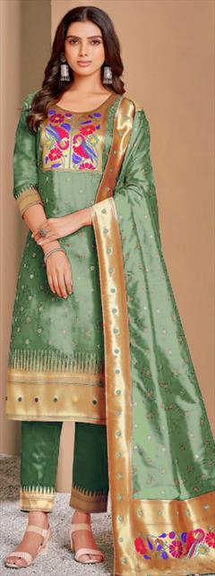 Party Wear, Reception, Wedding Green color Salwar Kameez in Silk fabric with Straight Weaving work : 1848244