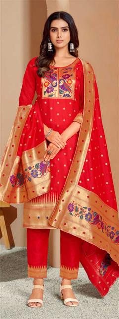 Party Wear, Reception, Wedding Red and Maroon color Salwar Kameez in Silk fabric with Straight Weaving work : 1848245