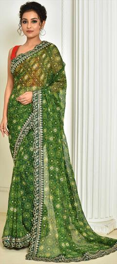 Festive Green color Saree in Georgette fabric with Classic Bandhej, Printed, Sequence, Zari work : 1848295