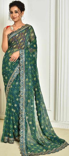 Festive Blue color Saree in Georgette fabric with Classic Bandhej, Printed, Sequence, Zari work : 1848298