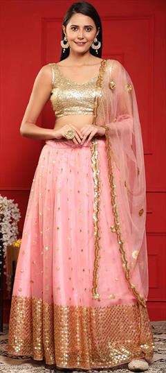 Designer, Engagement, Reception Pink and Majenta color Lehenga in Net fabric with A Line Embroidered, Stone, Thread work : 1848388