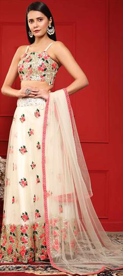 Designer, Engagement, Reception White and Off White color Lehenga in Net fabric with A Line Embroidered, Stone, Thread work : 1848396