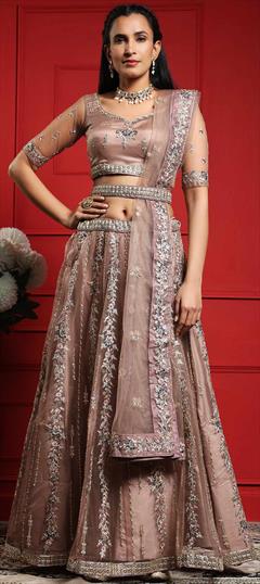 Designer, Engagement, Reception Beige and Brown color Lehenga in Net fabric with A Line Embroidered, Sequence, Thread work : 1848409