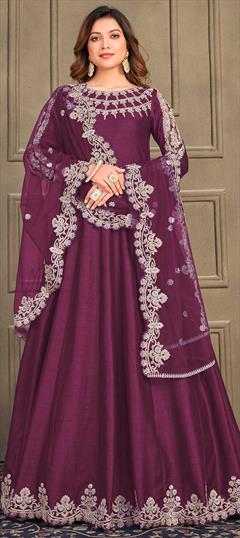 Festive, Party Wear Purple and Violet color Salwar Kameez in Art Silk fabric with Anarkali Embroidered, Stone, Zari work : 1848504