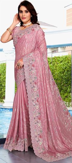Traditional, Wedding Pink and Majenta color Saree in Crepe Silk, Silk fabric with South Embroidered, Resham, Sequence, Thread work : 1848520
