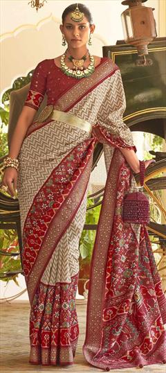 Traditional, Wedding Beige and Brown, Red and Maroon color Saree in Patola Silk, Silk fabric with South Mirror, Stone work : 1848530