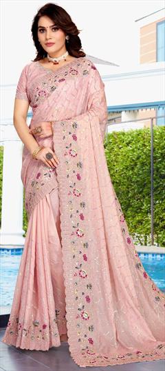 Traditional, Wedding Pink and Majenta color Saree in Crepe Silk, Silk fabric with South Embroidered, Resham, Sequence, Thread work : 1848546