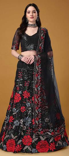 Engagement, Mehendi Sangeet, Reception Black and Grey color Lehenga in Net fabric with A Line Embroidered, Sequence work : 1848568