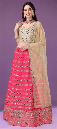 Mehendi Sangeet, Reception Pink and Majenta color Lehenga in Mulberry Silk fabric with A Line Embroidered, Mirror, Thread work : 1848570