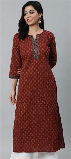 Casual Red and Maroon color Kurti in Cotton fabric with Long Sleeve, Straight Printed work : 1848574