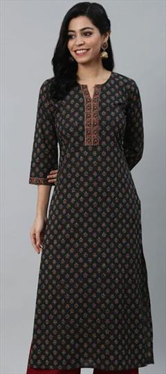 Casual Black and Grey color Kurti in Cotton fabric with Long Sleeve, Straight Printed work : 1848576