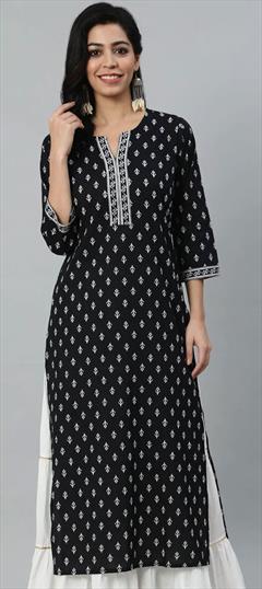 Casual Black and Grey color Kurti in Cotton fabric with Long Sleeve, Straight Printed work : 1848579