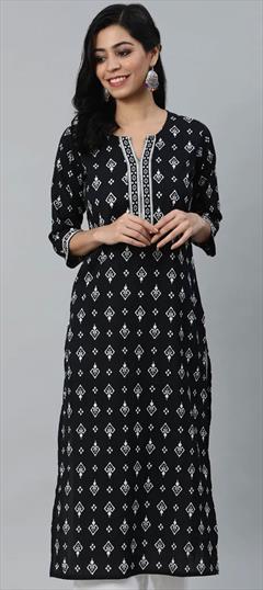 Casual Black and Grey color Kurti in Cotton fabric with Long Sleeve, Straight Printed work : 1848582