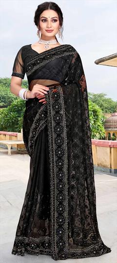 Mehendi Sangeet, Party Wear, Reception, Wedding Black and Grey color Saree in Net fabric with Classic Embroidered, Stone work : 1848665