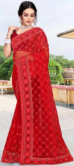 Mehendi Sangeet, Party Wear, Reception, Wedding Red and Maroon color Saree in Net fabric with Classic Embroidered, Stone work : 1848667