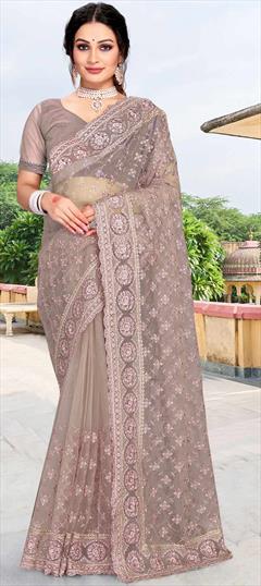 Mehendi Sangeet, Party Wear, Reception, Wedding Beige and Brown color Saree in Net fabric with Classic Sequence work : 1848673