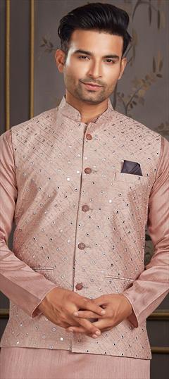Pink and Majenta color Nehru Jacket in Art Silk fabric with Mirror, Thread work : 1848747