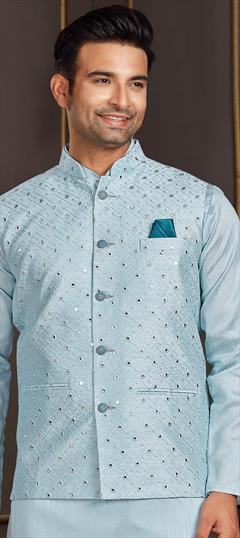 Blue color Nehru Jacket in Art Silk fabric with Mirror, Thread work : 1848754
