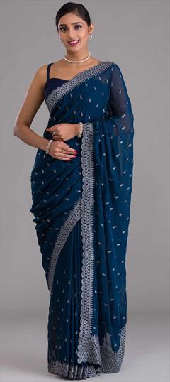 Festive, Party Wear Blue color Saree in Art Silk fabric with Classic Sequence, Thread work : 1848778