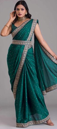 Mehendi Sangeet, Party Wear, Traditional Blue color Saree in Art Silk fabric with Classic Stone, Zari work : 1848780