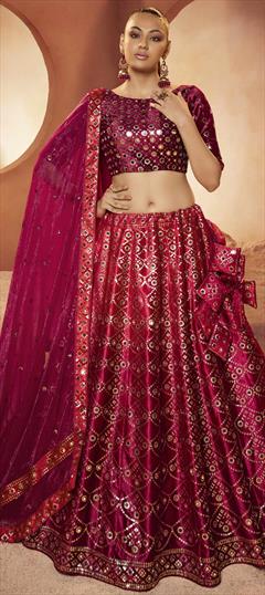 Mehendi Sangeet, Party Wear, Reception, Wedding Pink and Majenta color Lehenga in Velvet fabric with A Line Embroidered, Mirror, Sequence work : 1848795