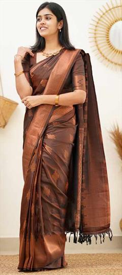 Festive, Traditional Beige and Brown color Saree in Banarasi Silk fabric with South Weaving work : 1848824