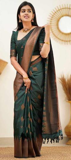 Festive, Traditional Green color Saree in Banarasi Silk fabric with South Weaving work : 1848833