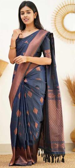 Festive, Traditional Blue color Saree in Banarasi Silk fabric with South Weaving work : 1848843