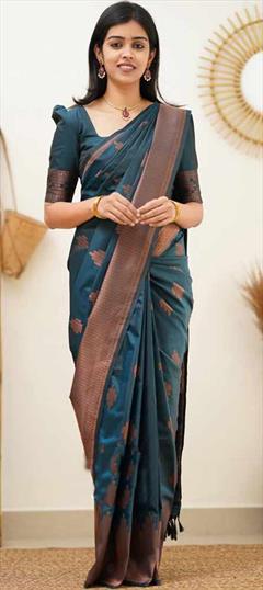 Festive, Traditional Blue color Saree in Banarasi Silk fabric with South Weaving work : 1848848