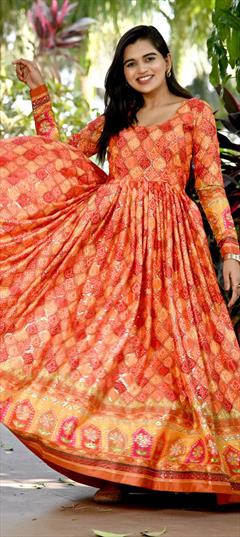 Party Wear Orange color Gown in Pashmina fabric with Printed, Sequence work : 1848886
