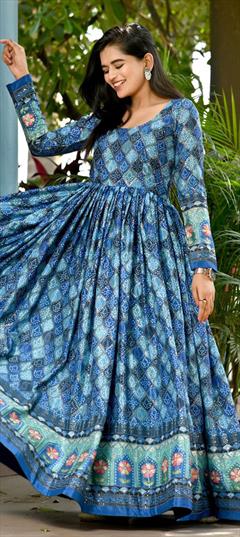 Casual Blue color Gown in Pashmina fabric with Printed, Sequence work : 1848887