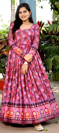 Party Wear Pink and Majenta color Gown in Pashmina fabric with Printed, Sequence work : 1848889