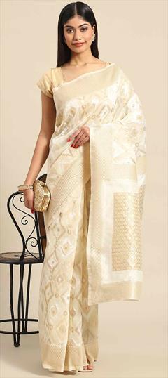Casual Beige and Brown color Saree in Silk cotton fabric with Classic Embroidered, Printed work : 1848936