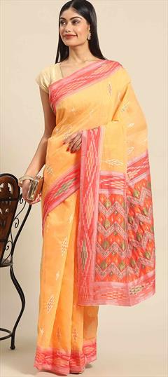 Casual Pink and Majenta color Saree in Silk cotton fabric with Classic Embroidered, Printed work : 1848939