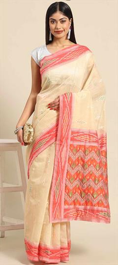Casual Beige and Brown color Saree in Silk cotton fabric with Classic Embroidered, Printed work : 1848940