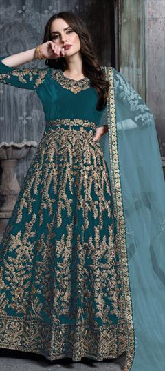 Bridal, Reception, Wedding Blue color Salwar Kameez in Faux Georgette fabric with Anarkali Embroidered, Zari work : 1849073