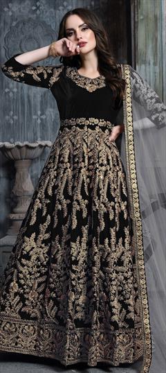 Bridal, Reception, Wedding Black and Grey color Salwar Kameez in Faux Georgette fabric with Anarkali Embroidered, Zari work : 1849074