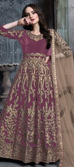 Bridal, Reception, Wedding Pink and Majenta color Salwar Kameez in Faux Georgette fabric with Anarkali Embroidered, Zari work : 1849076