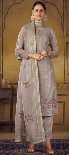 Designer, Party Wear, Reception Black and Grey color Salwar Kameez in Silk fabric with Straight Resham work : 1849153